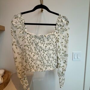 Reformation Green and White Floral Smocked Blouse